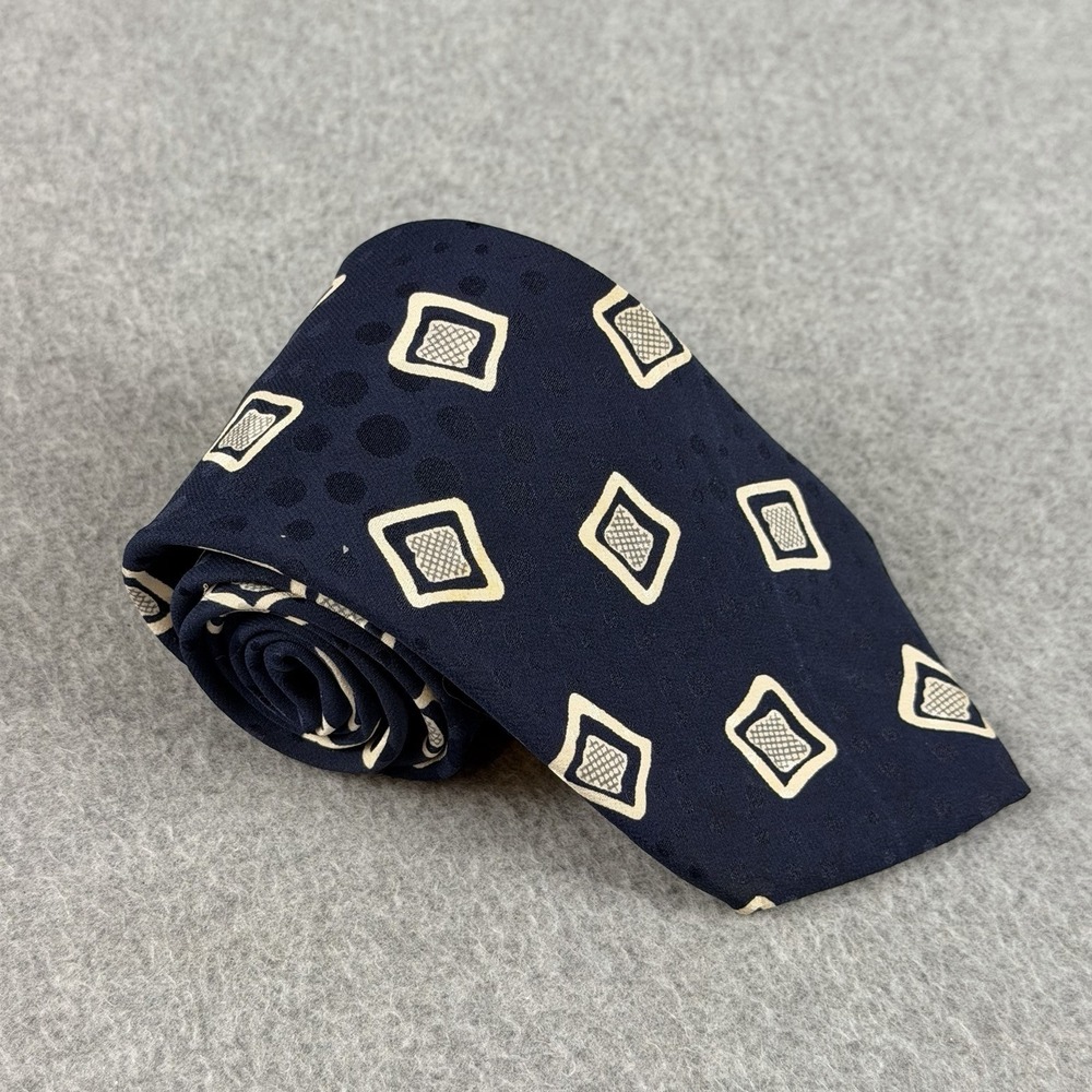 Vintage Guy Laroche Couture Silk Tie USA Navy Blue White Geometric 56x3.4"